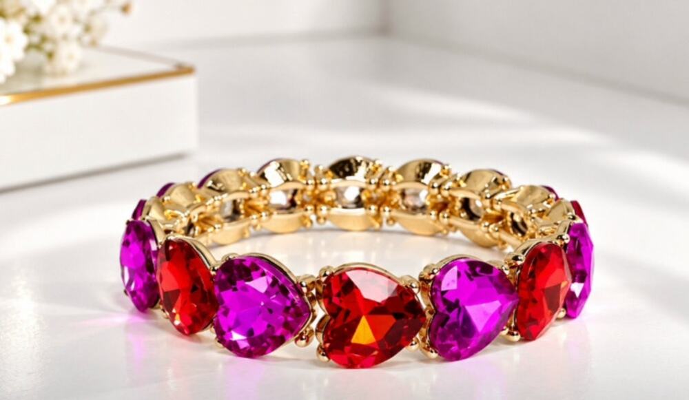 Gold Heart Hot Pink Red  Stone Stretch Bracelet New